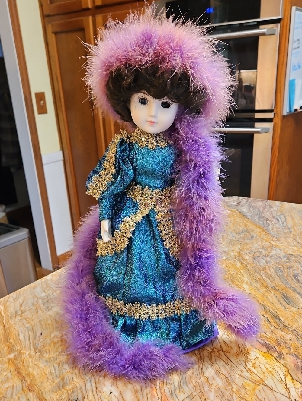 Vintage Porcelain Fashion Doll in Teal Dress with Purple Feather Trim